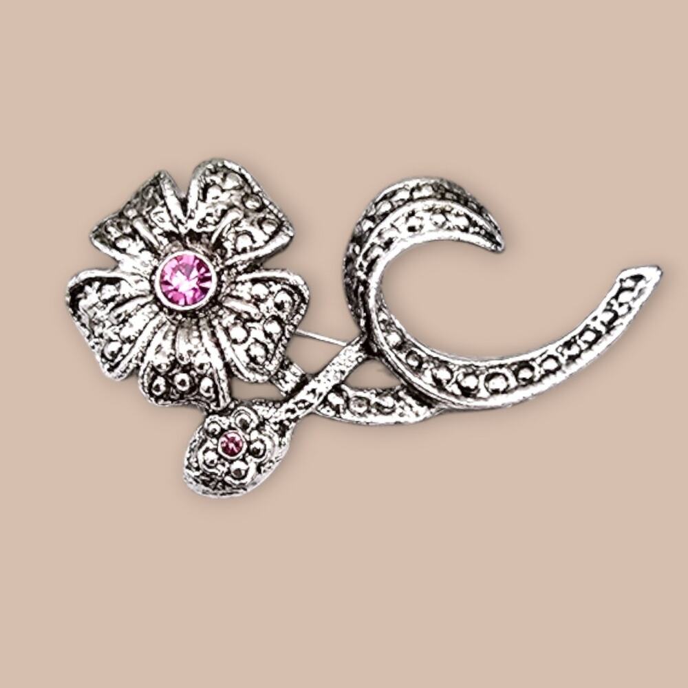 Pink Floral Brooch Rhinestones Marcasite Style Silver Tone AAI - Vintage Romance